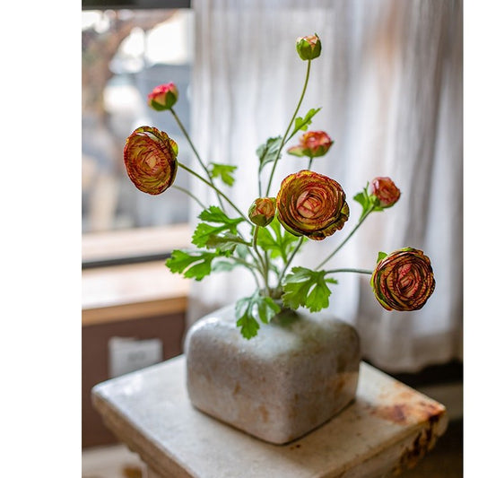 Faux silk buttercup flower bundle in orange, 21in tall, RusticReach bouquet in a stone vase on Tampa Home & Garden Store