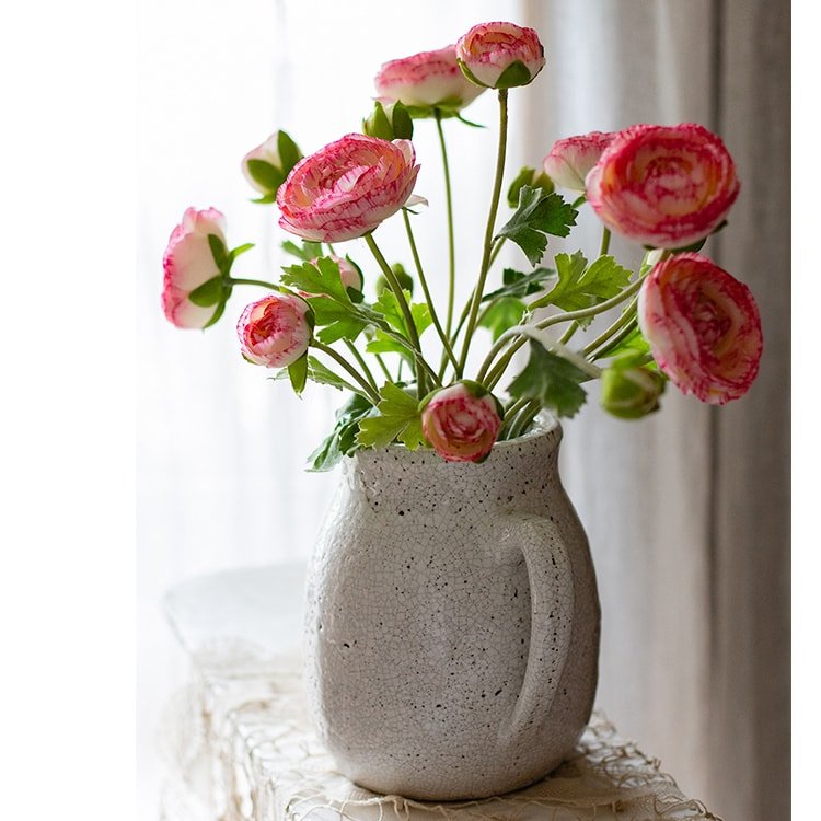 Faux silk buttercup flower bundle in pink and purple, 21in tall in a speckled pitcher on Tampa Home & Garden Store