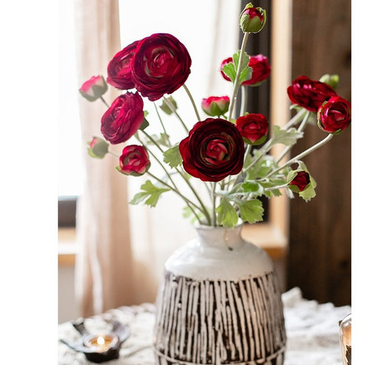 Faux silk buttercup flower bundle, burgundy red, 21 inches tall in a striped ceramic vase on Tampa Home & Garden Store