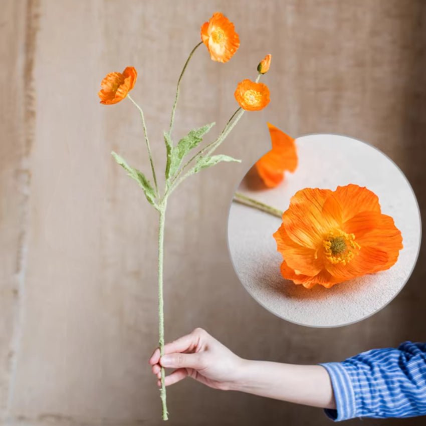 Silk Common Poppy Flower Stem 22in tall, RusticReach, bright orange blooms on a thin green stem on Tampa Home & Garden Store