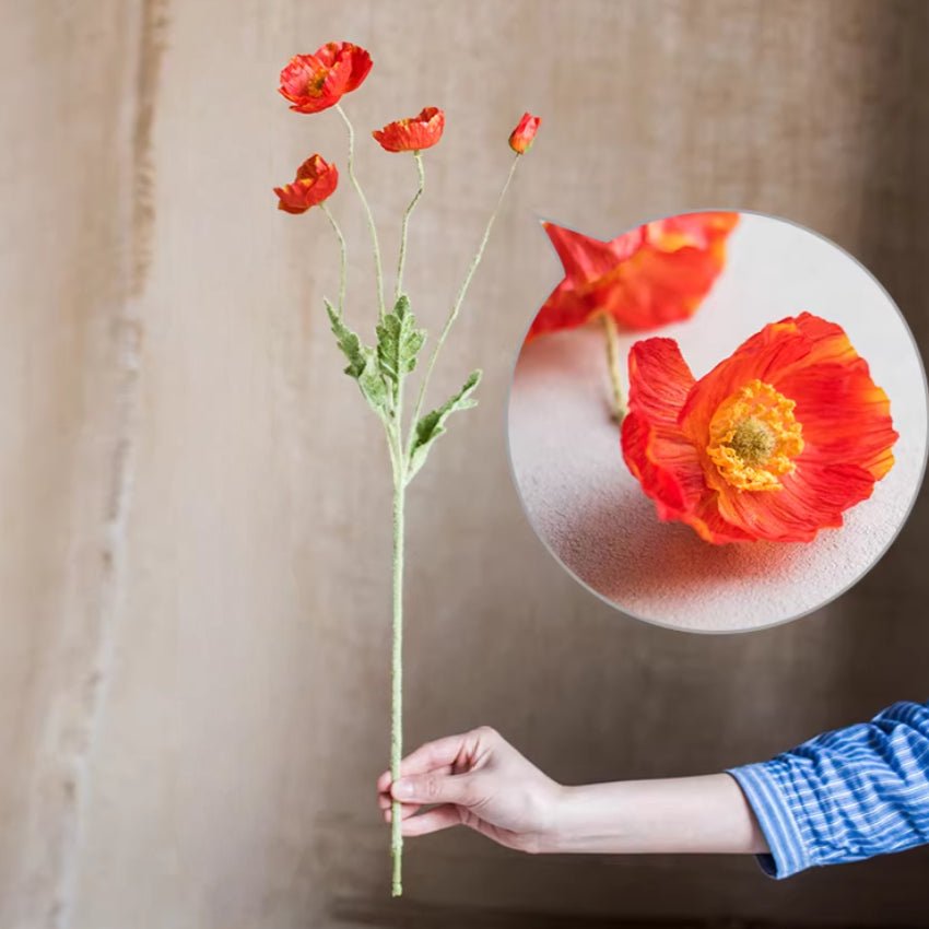 Silk Common Poppy Stem 22in red-orange petals with yellow center RusticReach plant on Tampa Home & Garden Store
