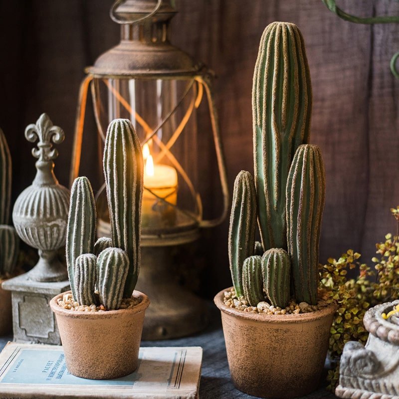 Artificial cactus in two brown terracotta pots with tall and short stems, RusticReach on Tampa Home & Garden Store