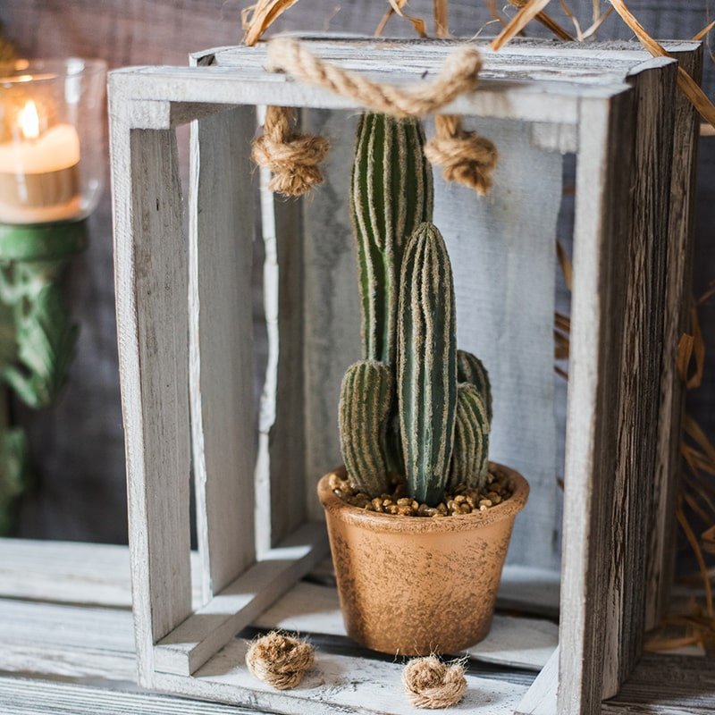 Artificial Faux Cactus in Brown Pot by RusticReach in a rustic wooden crate on Tampa Home & Garden Store