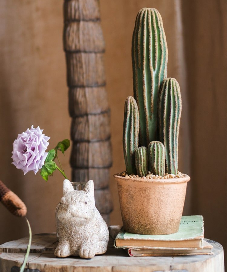 Artificial cactus in brown terracotta pot with tall and short green stems, rustic decor display on Tampa Home & Garden Store