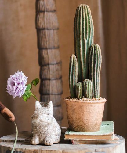 Artificial cactus in brown terracotta pot with tall and short green stems, rustic decor display on Tampa Home & Garden Store