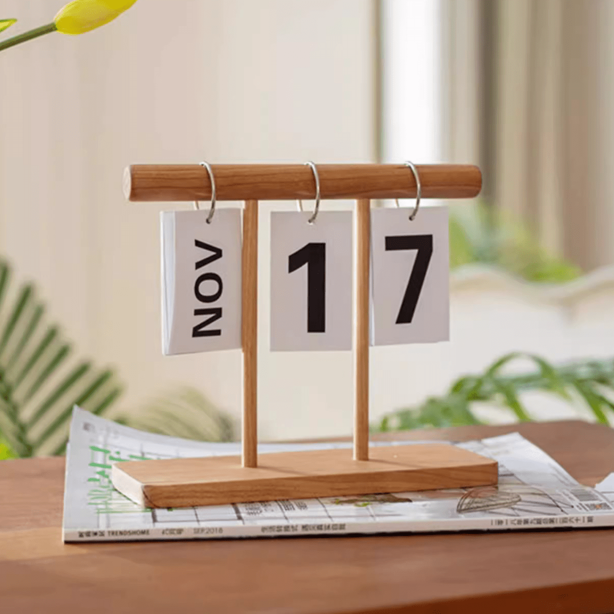 Page-Flipping Wooden Desktop Calendar by RusticReach, natural wood with ring bindings, NOV 17 on Tampa Home & Garden Store