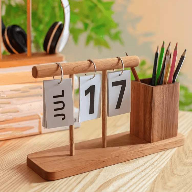 Wooden desktop calendar with pen holder; natural wood, three date cards, pencil cup on Tampa Home & Garden Store