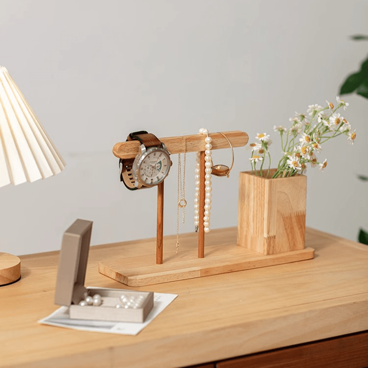 Wooden Desktop Calendar with Pen Holder and jewelry stand holding a watch and pearls on Tampa Home & Garden Store
