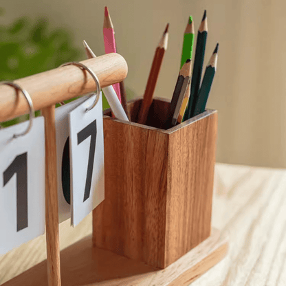Wooden Desktop Calendar with Pen Holder in natural wood, pencil cup with colored pencils on Tampa Home & Garden Store