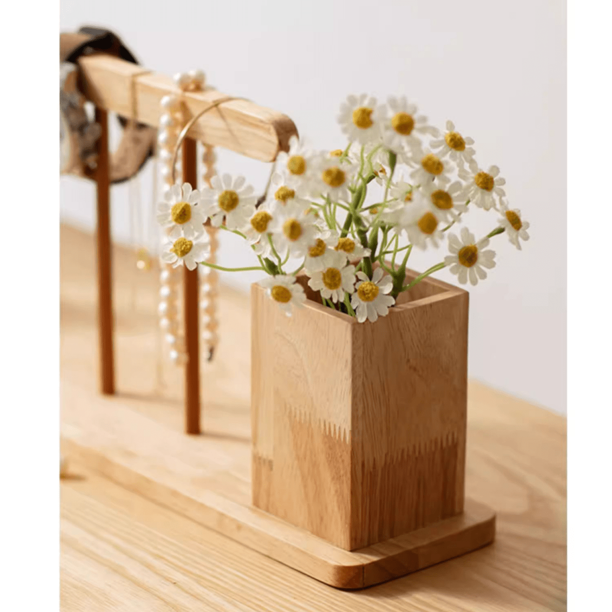 Wooden desktop calendar with pen holder by RusticReach, wood vase of white daisies on light desk on Tampa Home & Garden Store