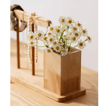 Wooden desktop calendar with pen holder by RusticReach, wood vase of white daisies on light desk on Tampa Home & Garden Store