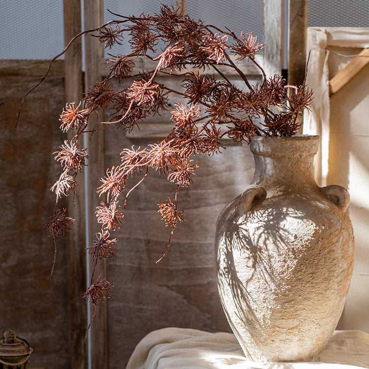 Plastic Cangli stem 33in tall with brownish blossoms in a rustic ceramic vase RusticReach on Tampa Home & Garden Store