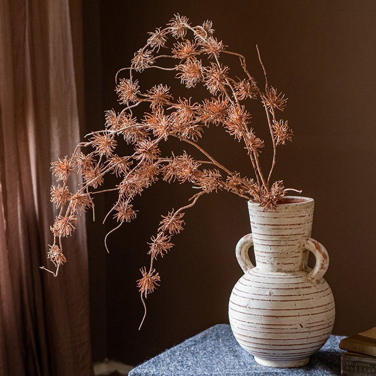 Plastic Cangli Stem 33in tall by RusticReach in a striped ceramic vase with peach stems on Tampa Home & Garden Store