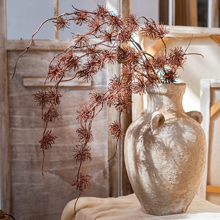 Plastic Cangli stem, 33in tall, RusticReach stem with brown clusters in a beige vase on Tampa Home & Garden Store