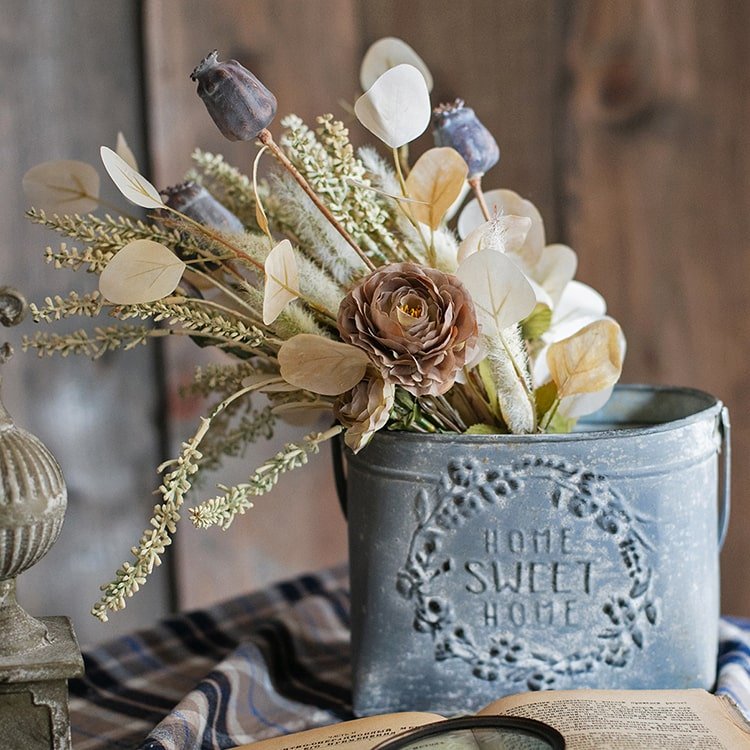 Iron Carry Flower Pot Gray metal with embossed Home Sweet Home and neutral dried florals on Tampa Home & Garden Store