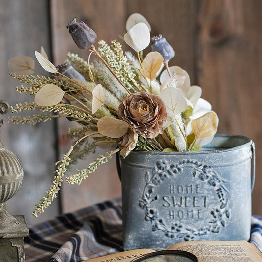 Iron Carry Flower Pot Gray metal with embossed Home Sweet Home and neutral dried florals on Tampa Home & Garden Store