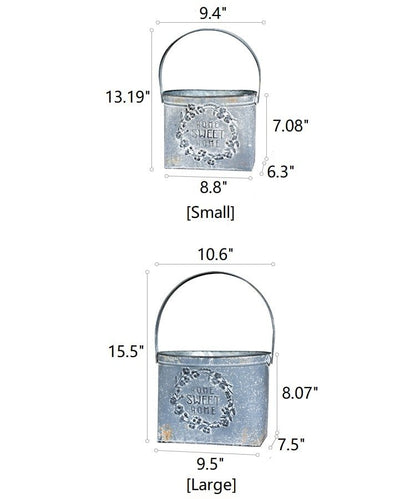 Iron carry flower pot gray embossed Home Sweet Home, small and large sizes on Tampa Home & Garden Store