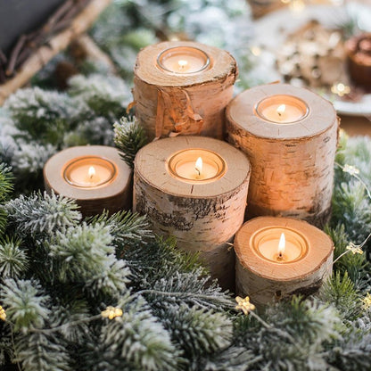 Birch wood candle holder tea light set RusticReach in varying sizes with lit tealights on Tampa Home & Garden Store