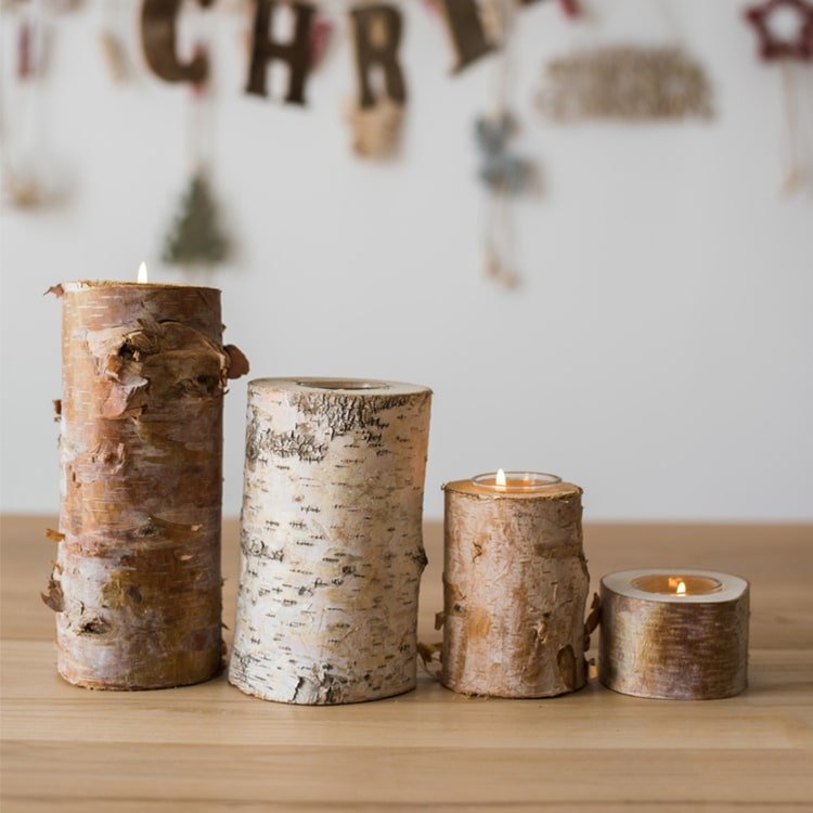 Birch wood candle holders four-piece set in varying sizes with tealights RusticReach on Tampa Home & Garden Store