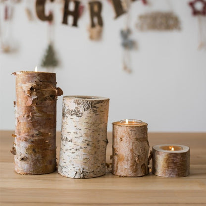 Birch wood candle holders four-piece set in varying sizes with tealights RusticReach on Tampa Home & Garden Store
