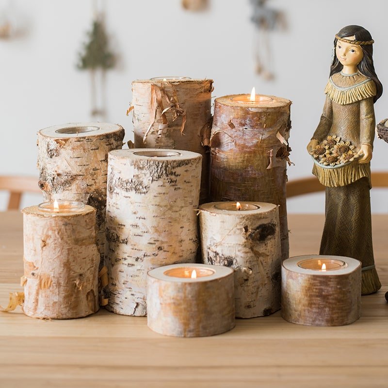 Birch wood candle holder set in multiple sizes with tealight candles, RusticReach on Tampa Home & Garden Store