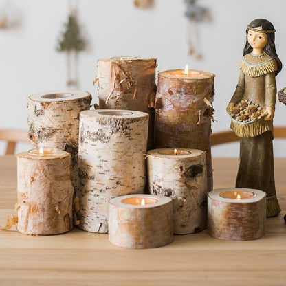 Birch wood candle holder set in multiple sizes with tealight candles, RusticReach on Tampa Home & Garden Store