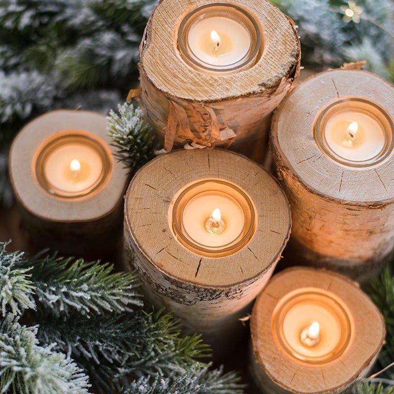 Birch wood tea light candle holders in varying sizes with lit tealights RusticReach on Tampa Home & Garden Store