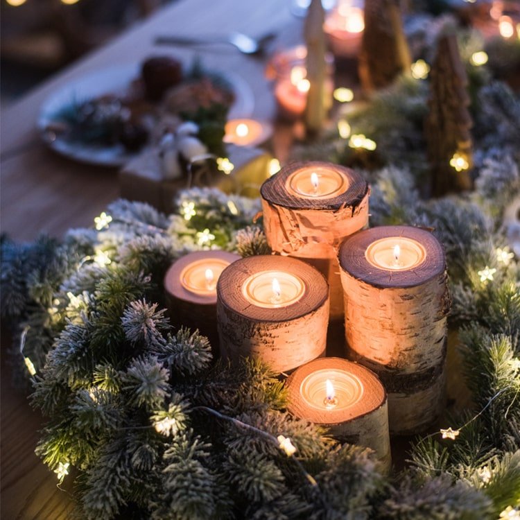 Birch wood candle holders for tea lights in various sizes with natural bark texture RusticReach on Tampa Home & Garden Store