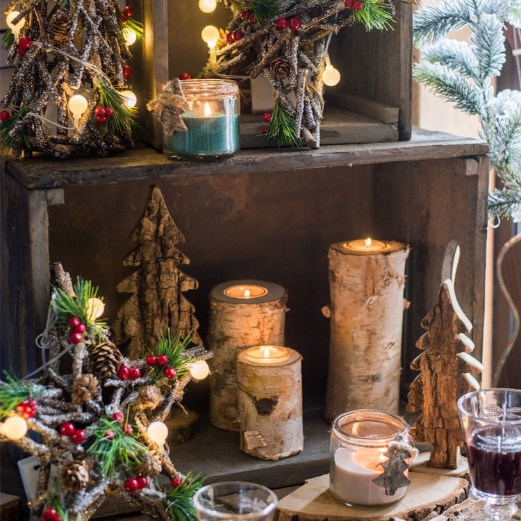 Birch Wood Tea Light Candle Holders in assorted sizes by RusticReach on a rustic shelf on Tampa Home & Garden Store