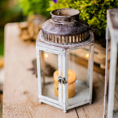 Glass Metal Lantern Candle Holder RusticReach white distressed frame with glass panels on Tampa Home & Garden Store