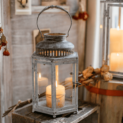 Glass metal lantern candle holder with weathered gray finish and metal handle RusticReach on Tampa Home & Garden Store