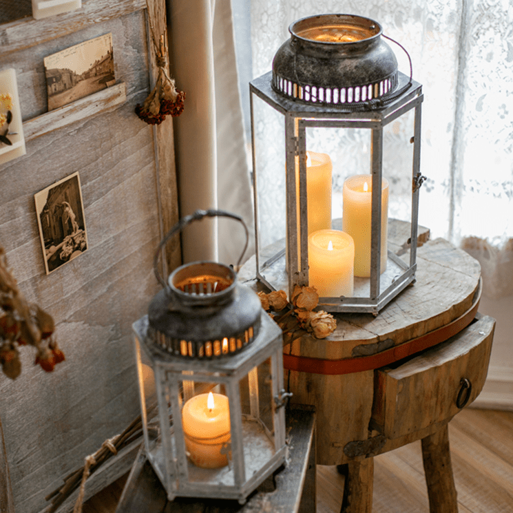 Glass metal lantern candle holders, two gray frames with glass and warm candles RusticReach on Tampa Home & Garden Store