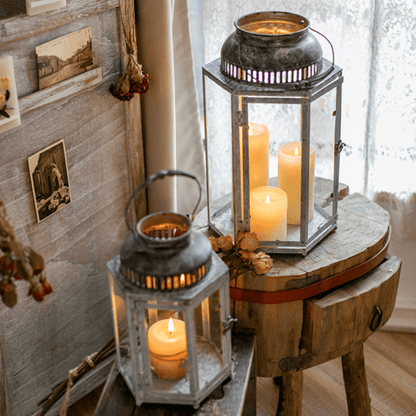 Glass metal lantern candle holders, two gray frames with glass and warm candles RusticReach on Tampa Home & Garden Store