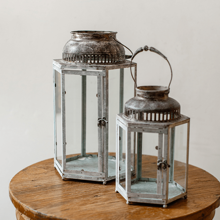 Glass metal lantern candle holder set of 2, distressed silver finish, RusticReach on Tampa Home & Garden Store