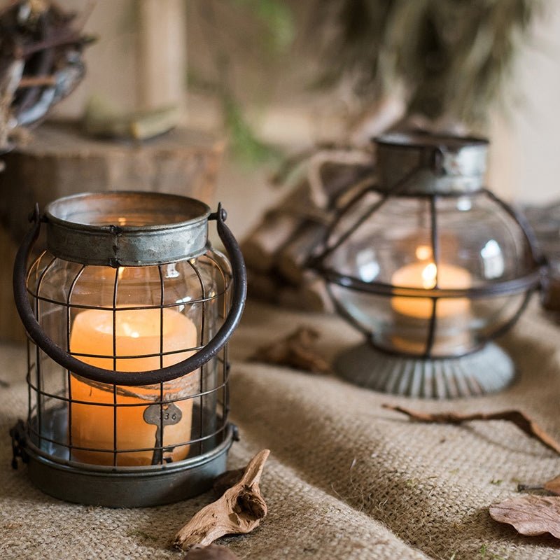 European Restoration Candle Holder by RusticReach, metal cage lantern with glass, 2-piece set on burlap on Tampa Home & Garden Store