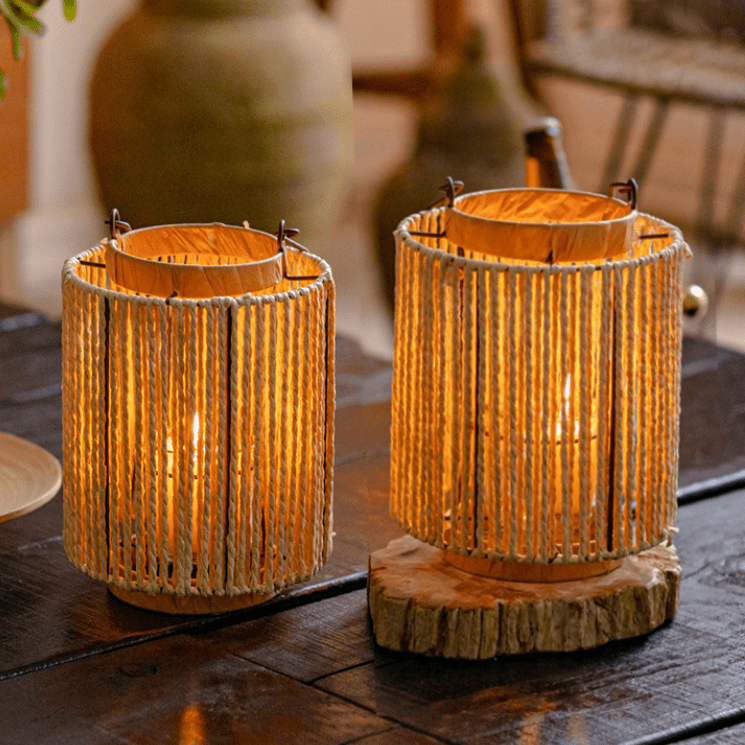 Portable lantern candle holder with rope paper lanterns, tan rope cages, RusticReach pair on Tampa Home & Garden Store