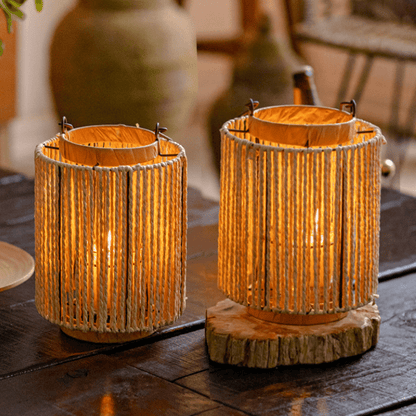 Portable lantern candle holder with rope paper lanterns, tan rope cages, RusticReach pair on Tampa Home & Garden Store