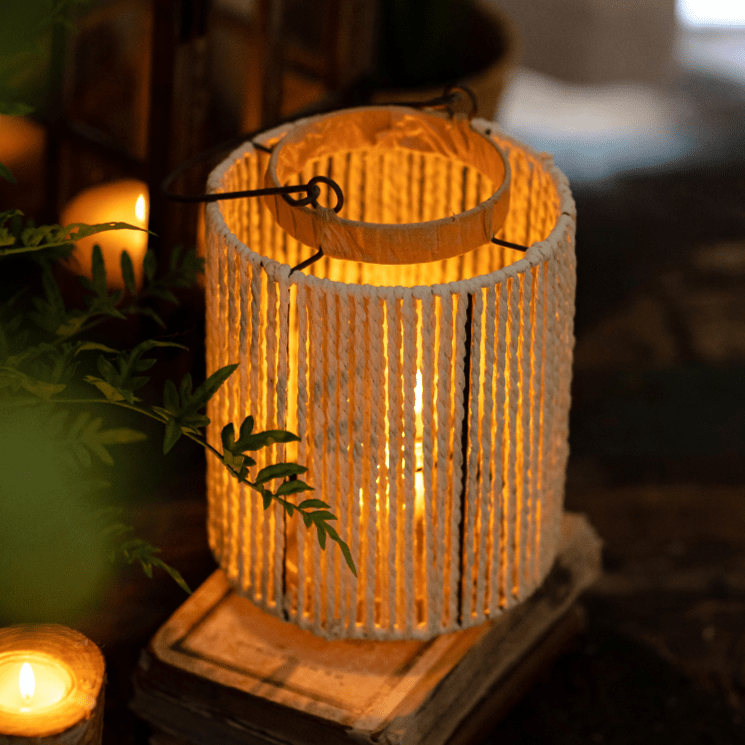 Portable Lantern Candle Holder Rope Paper Lantern in cream with warm amber glow RusticReach on Tampa Home & Garden Store