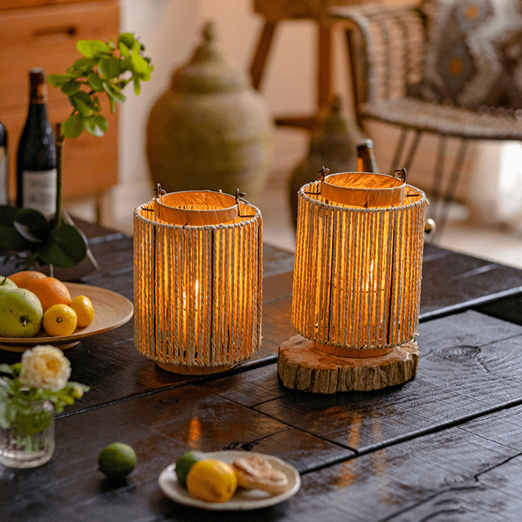 Portable Lantern Candle Holder set of 2 RusticReach rope-paper with warm glow on wood table on Tampa Home & Garden Store