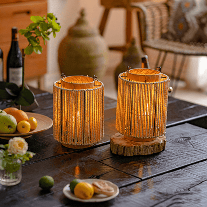Portable Lantern Candle Holder set of 2 RusticReach rope-paper with warm glow on wood table on Tampa Home & Garden Store