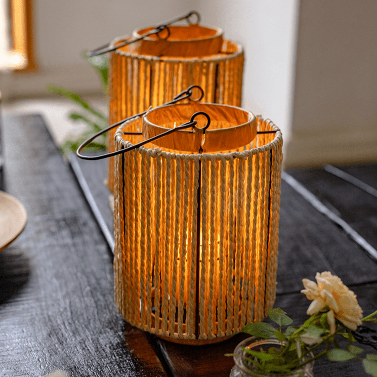 Portable lantern candle holder set of 3 rope paper lanterns with warm glow, metal handles on Tampa Home & Garden Store