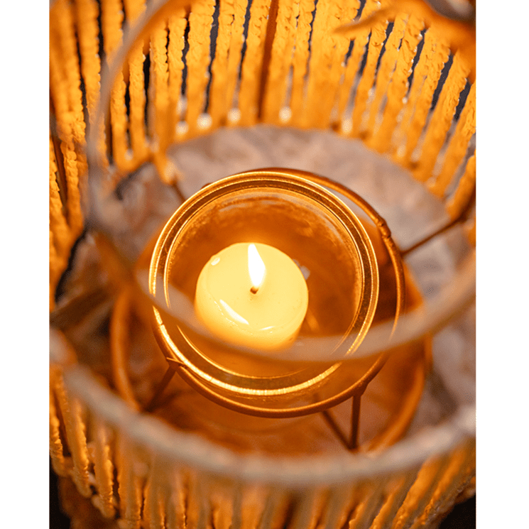Portable lantern candle holder with rope paper lantern in gold, warm flame RusticReach on Tampa Home & Garden Store