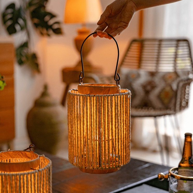 Portable Lantern Candle Holder Rope Paper Lantern by RusticReach with warm amber glow on Tampa Home & Garden Store