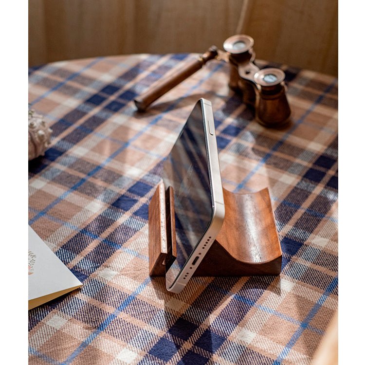 Solid wood cellphone desktop stand RusticReach holding a silver smartphone on Tampa Home & Garden Store