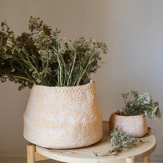 RusticReach cement weaving pattern planter in beige with dried flowers; two pots on Tampa Home & Garden Store