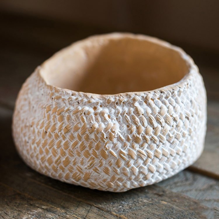 RusticReach cement weaving-pattern planter, round textured beige pot on Tampa Home & Garden Store