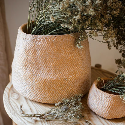 Cement weaving pattern planter set in terracotta, large and small by RusticReach on Tampa Home & Garden Store