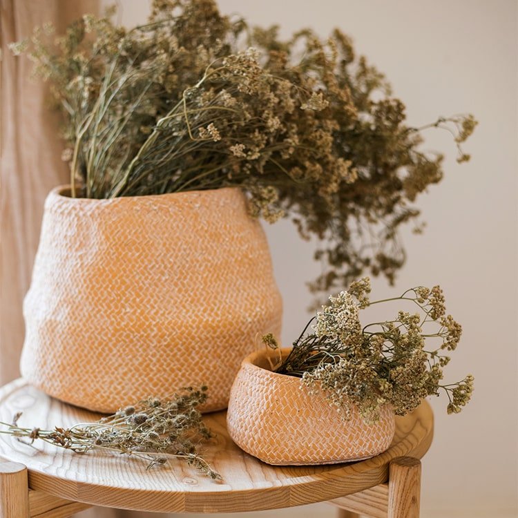 RusticReach cement weaving planter set beige with two pots holding dried flowers on wooden table on Tampa Home & Garden Store