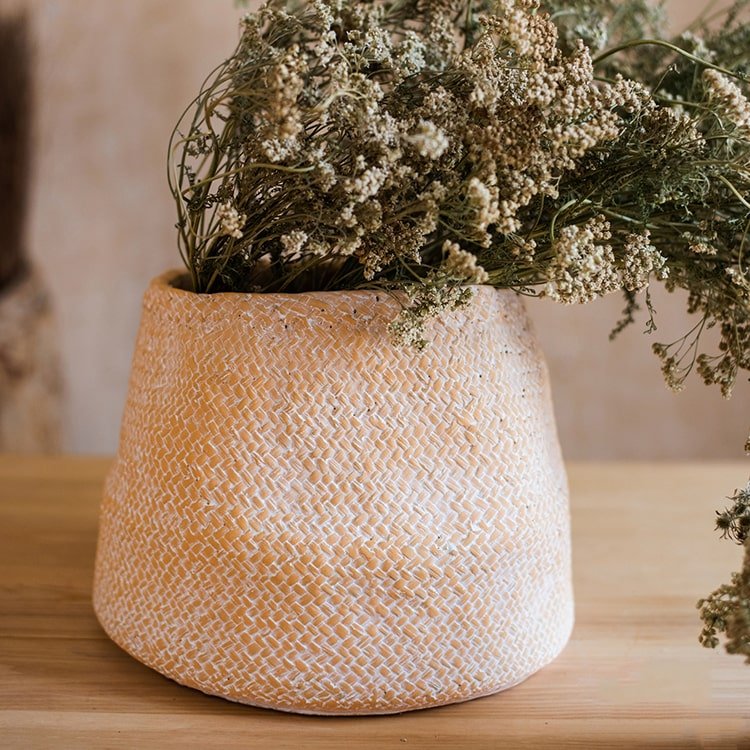 Planter cement weaving pattern in light beige by RusticReach with dried flowers on Tampa Home & Garden Store