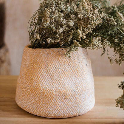 Planter cement weaving pattern in light beige by RusticReach with dried flowers on Tampa Home & Garden Store
